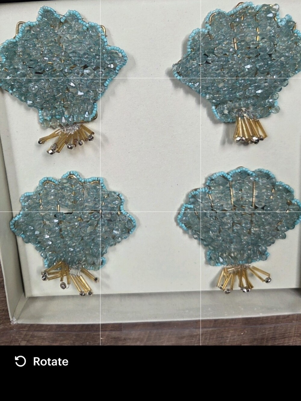 NIB Handcrafted Aqua Blue Beaded Clam Seashell Napkin Rings - Coastal Décor ~ 1N